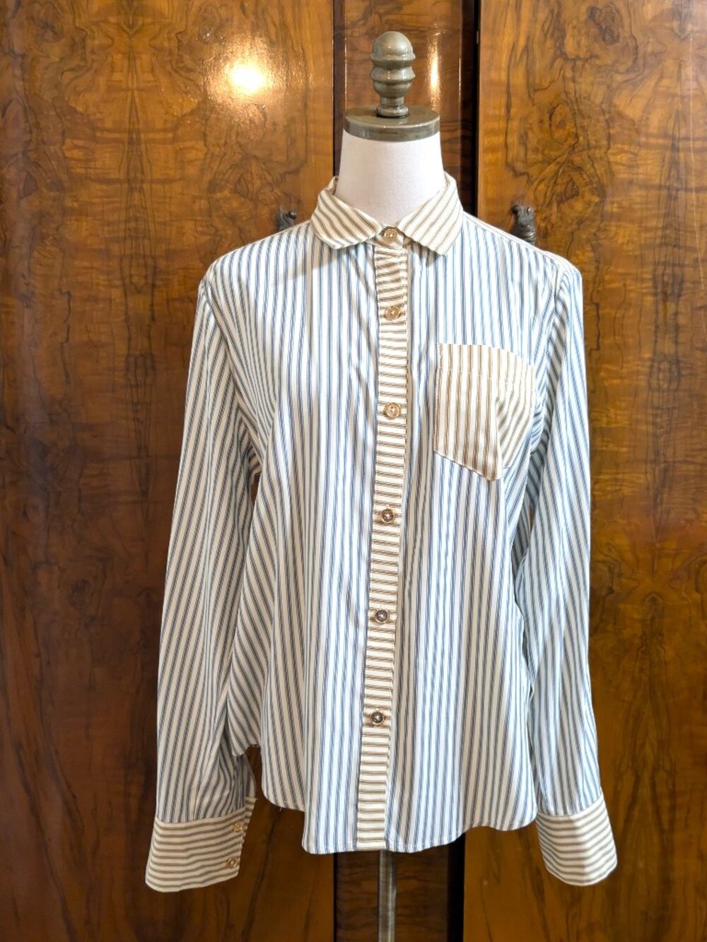 BURU Blue Brown White Striped Gold Button Down Shirt M Blouse Coastal Preppy